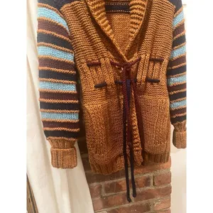 Vintage X-RATED Handknit Statement Cardigan Striped Sleeves Belted M thumbnail 7