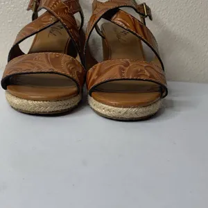 Patricia Nash Rafa Tooled Brown Leather Wedge Sandals Espadrilles Women’s Sz 5 thumbnail 3