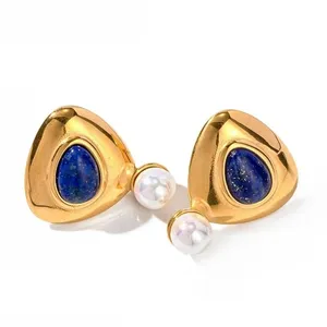 18k Gold Plated Stud Earrings Authentic Natural Stone Lapis Stainless Steel thumbnail 1