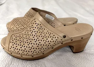 Women's Ugg Wooden Heel Tan Leather Peep Toe Laser Cut Clogs size 9 thumbnail 1