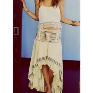 Boho Gypsy Skirt Ivory Ruffle High Low lace trim corset waist lace up sz M thumbnail 9