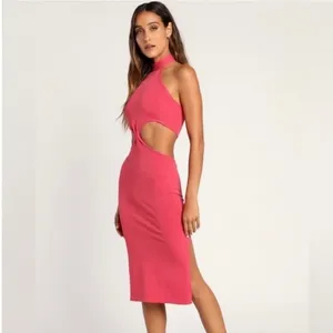 Lulus‎ Halter Neck Cutout Midi Dress Bright Pink Vacation Cocktail Party Size XS thumbnail 4