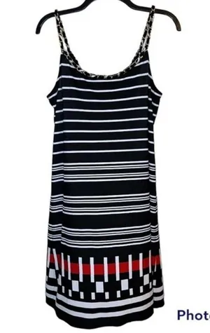 MSK Black/White/Red Striped Chained Neckline Jersey Shift Dress Size Large NWT thumbnail 2