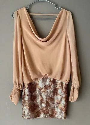 Love Culture Sequin‎ MobWife Y2K Party Glam Cowl Neck Mini Dress Small Tan Gold thumbnail 1