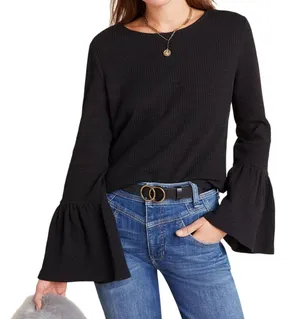 Anthropologie Porridge Joan Bell Sleeved Top Womens M Black Ribbed Boho‎ Chic thumbnail 1
