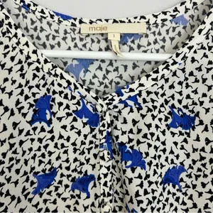 MAJE Lensam Floral Leaf Blue/White V-neck Short Puff Shoulder Blouse Size Small thumbnail 9