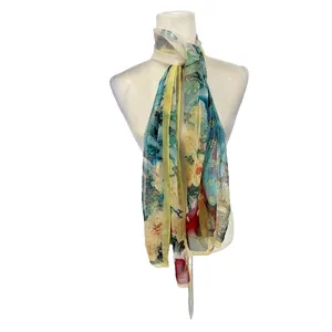 Silk Blend Scarf Asian Geisha Floral Print 66 x 19 Rectangle Art‎ Wall Decor thumbnail 7