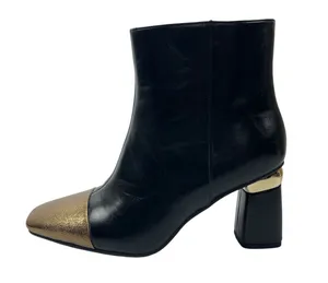 Ninety Union Black Leather Gold Shimmer Square Toe Block Heel Ankle Boots Sz 10 thumbnail 1