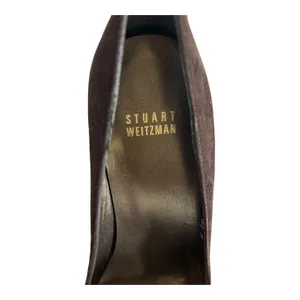 Stuart Weitzman Dark Brown Suede Peep-Toe Heels with Bow Detail thumbnail 2