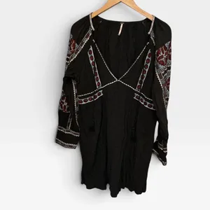 Free People Black Embroidered Mini Dress V-Neck Tassel Boho Gauze Womens Medium thumbnail 7