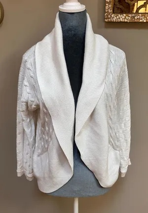 Ralph Lauren women Med wrap cardigan sweater White cable knit cotton Wide Collar thumbnail 1