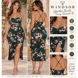 Windsor Green Floral Cowl Neck Ruffle Slit Midi Dress NWT Medium thumbnail 2