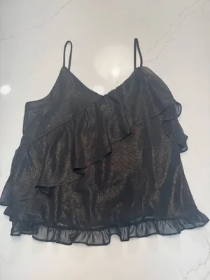 Ro & De Shimmery Black & Gold Ruffle Cami Tank Top thumbnail 2