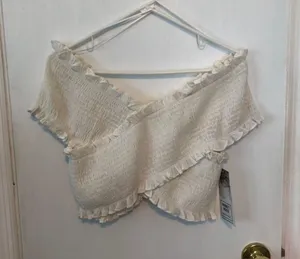 Smocked Wrap Off-The-Shoulder Crop Top L thumbnail 1