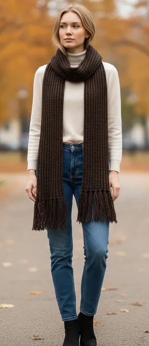 Unbranded Knit Scarf Women OS Brown Excellent Metallic Gold Thread Fringed Trim thumbnail 1