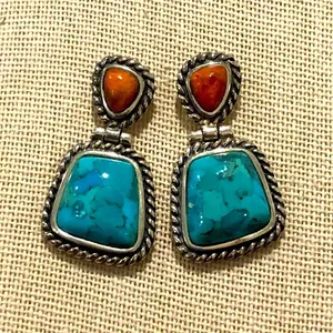 BARSE Sterling Silver Rope Edged Turquoise and Coral Drop Earrings thumbnail 4