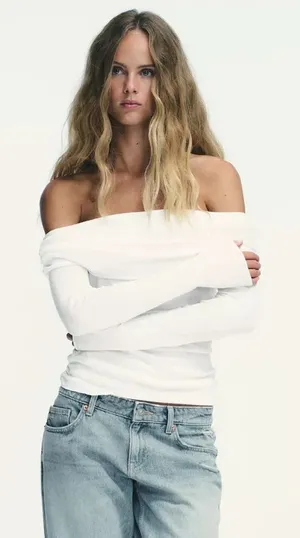 Elegant Cream Off Shoulder Sweater thumbnail 1