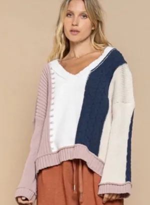 POL V-Neck Color Block Chunky Knitted Sweater Women’s‎ Size M thumbnail 1
