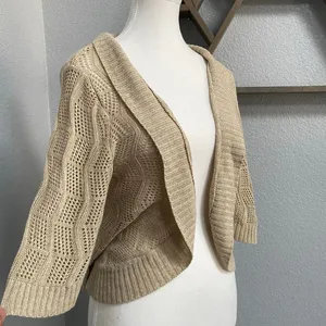 Beige Cream Knit Open Front Quarter Sleeve Bolero Shrug Cardigan Cottagecore thumbnail 2