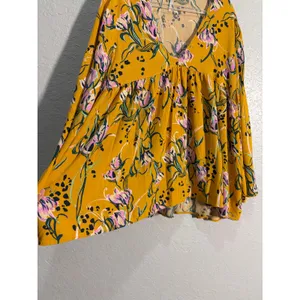 Free People Bella Golden Yellow Floral Print Spring Tunic Blouse sz M Boho thumbnail 6