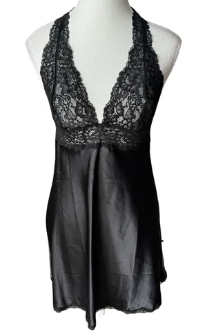 Victoria's Secret Black Satin Lace‎ Halter Chemise Nightgown Women's Small thumbnail 1