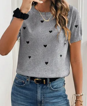 Grey Heart Print Short Sleeve Knit Top thumbnail 1
