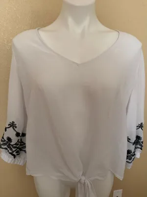 Olivia & Martin White V-Neck Tie-Front Blouse with Black Embroidered Sleeves thumbnail 1