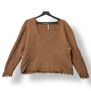 Free People Womens Cropped‎ Boho Wool Blend Knit Sweater S Fringe Hem V Neck thumbnail 2
