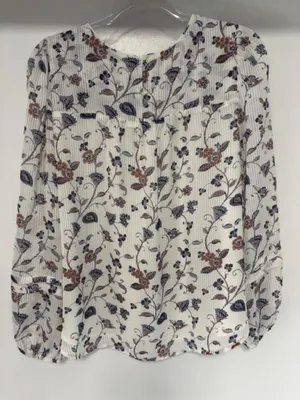 LOFT M White Floral Striped Pleated Yoke Lined Peasant Blouse Neutral Feminine thumbnail 5