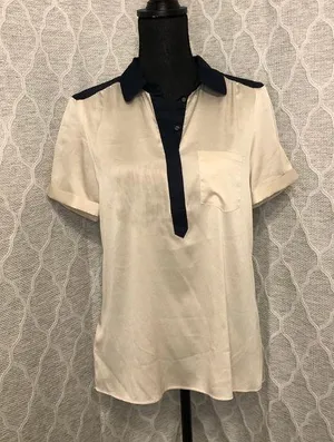 Ann Taylor Short Sleeve Blouse Navy & Champagne Medium thumbnail 1