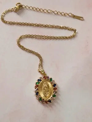 Gold Virgin Mary Pendant Necklace with Multicolored Stones thumbnail 2