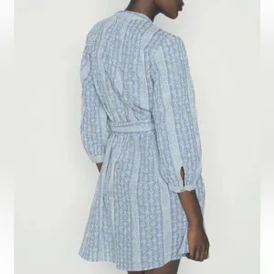 ZARA Crochet Daisy Blue &‎ White Gingham Rattan Belted Mini Dress Size Med thumbnail 2