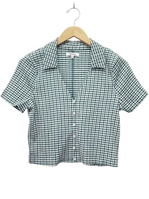 Madewell Mineral Blue Gingham Cropped Button Front Top Medium Stretch Plaid Y2K thumbnail 2