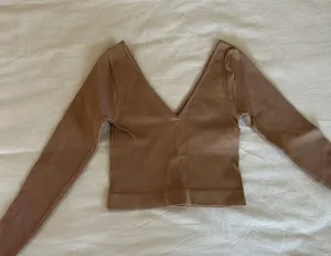 Ribbed V Neck Long Sleeve Tan thumbnail 1