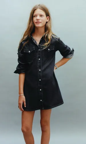 Zara Women's Black Denim Long Sleeve Mini Shirt Dress Size L thumbnail 1