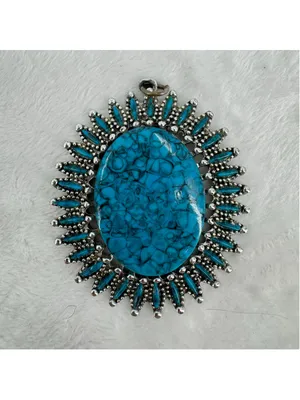 Vintage Silver Tone and Turquoise Pendant Large Oval Southwestern Western thumbnail 2