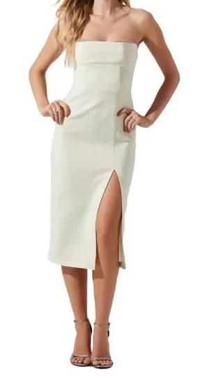 NEW ASTR‎ Melani Rhinestone Ivory Cream Strapless Slit Midi Dress med thumbnail 1