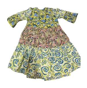Dress Addict XS Tiered Cotton Mini Dress Green Floral Paisley Swirl Boho Tunic thumbnail 1