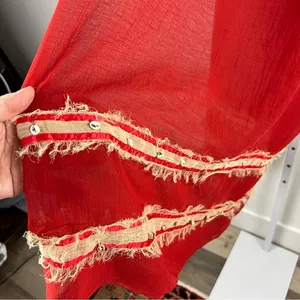 Red Sheer Sarong | Beach‎ Cover-Up | Boho Fringe & Shell Detail Summer Pool Fun thumbnail 5
