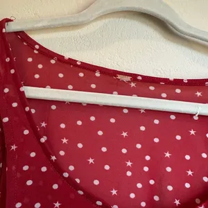 Free People Twosie for One Cardigan Med Red White Polka Dot Stars Semi Sheer thumbnail 7