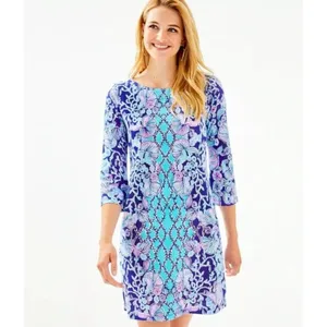 Lilly Pulitzer Blue Floral Printed Mini‎ Dress 3/4 Sleeves Boatneck Women’s XXS thumbnail 3