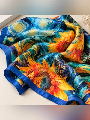 Van Gogh Inspired Starry Night Sunflower Scarf Blue Yellow Art Print Shawl thumbnail 3