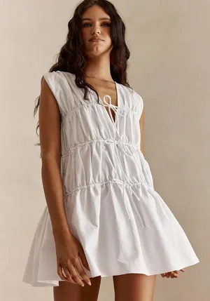 SABO‎ Joslin Ruched Drawstring Mini Dress White Size 6 thumbnail 1