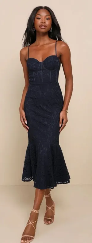 NWT Lulus Found Your Love Navy Blue‎ Lace Sleeveless Trumpet Midi Dress thumbnail 1