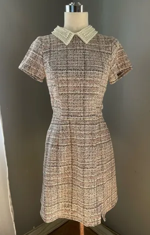 miami Pearl-Trim Tweed A-Line Dress in Cream and Gray thumbnail 1