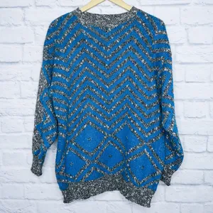 Vintage 80s Geometric Blue and Gray Zig Zag Sweater thumbnail 3