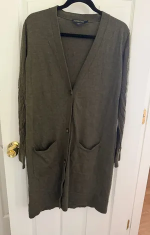 Pendleton Dark Green 100% Merino Wool Long Cardigan Sweater Size Large HOLES thumbnail 1