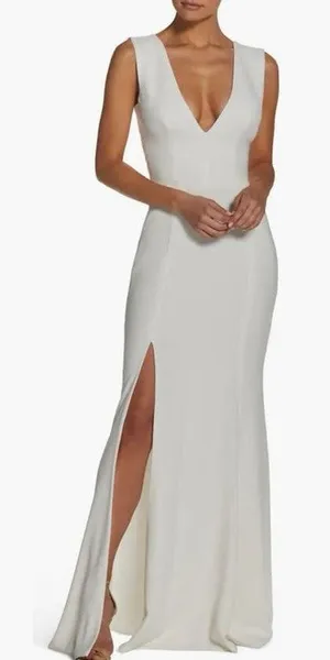 Dress The Population Sandra White Crepe Plunge Trumpet Bridal Gown XXS thumbnail 1