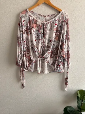 Boho Free People 'Keepin on Top' Ivory Floral Print Tee Top M thumbnail 5