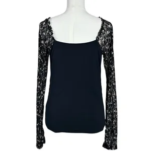Free People Dainty Coquette Scoop Neck Josie Long Lace Sleeve Top Black Large thumbnail 9